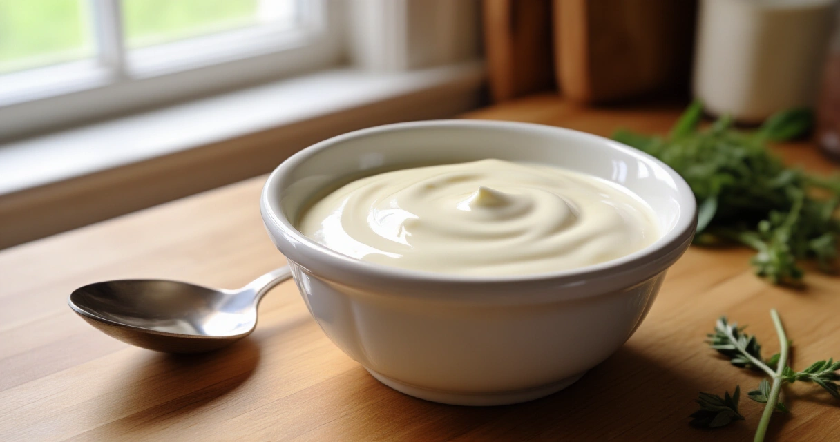 Kermainen tofu kastike valkoisessa kulhossa puupöydällä, taustalla pehmeä luonnonvalo