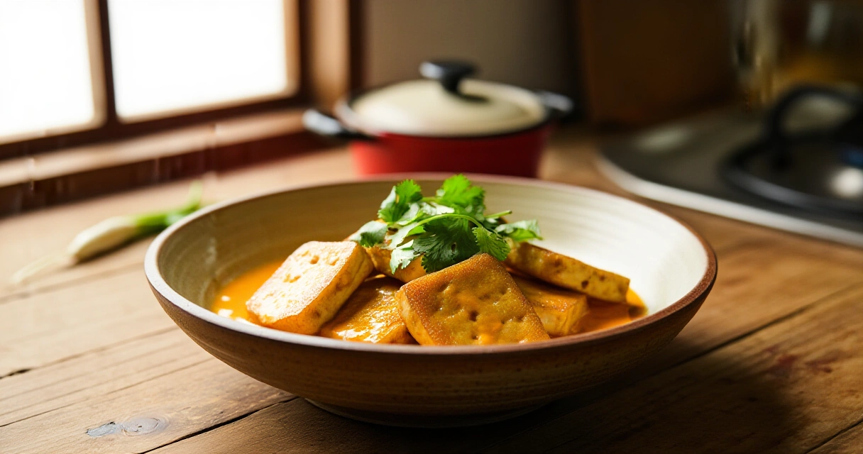 Tofu kastike kulhossa riisin kera, tuoreen korianterin koristelemana
