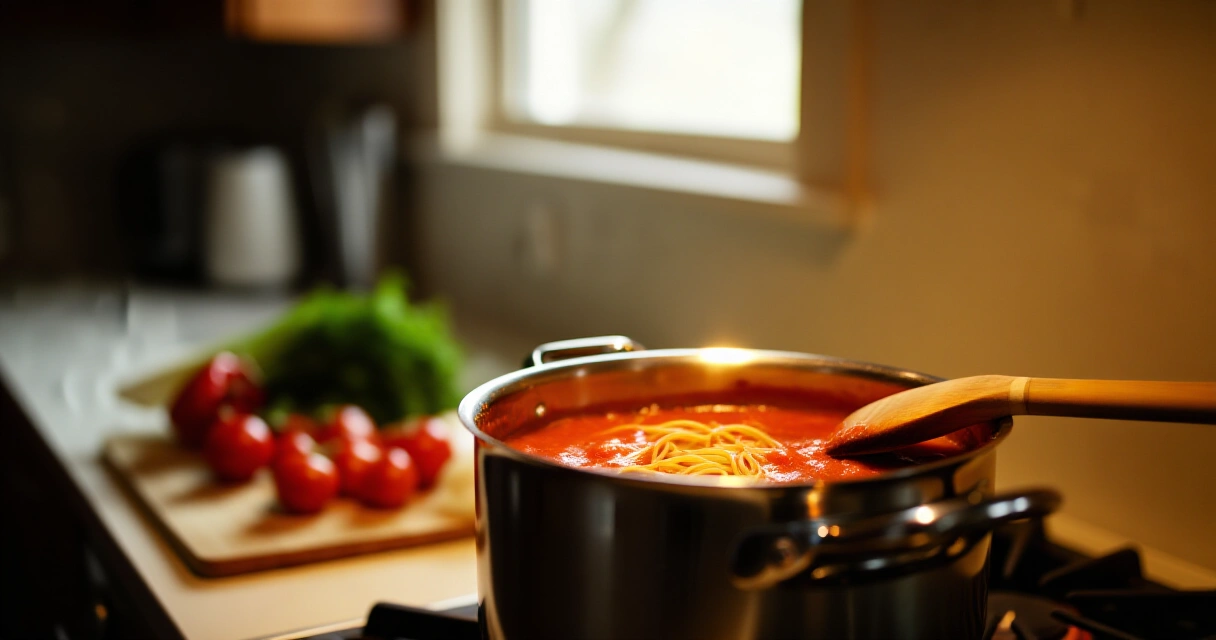 Helppo tomaattinen pasta kiehumassa kattilassa arki-iltana