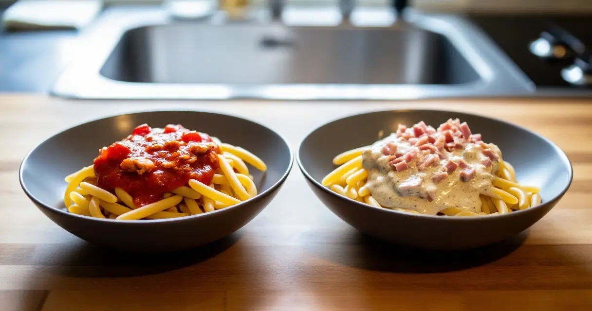 Kinkkupasta ja tonnikalapasta rinnakkain kotikeittiön pöydällä