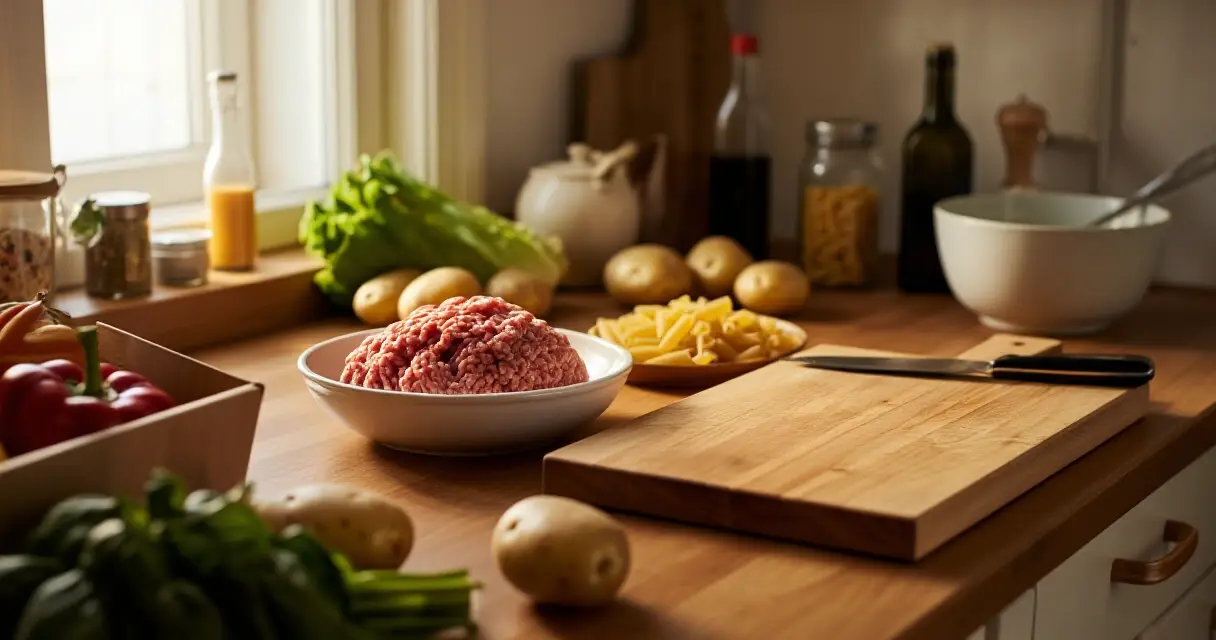 Arkiruoan ainekset: jauhelihaa, pastaa, kasviksia ja perunoita kotikeitti&ouml;n tasolla