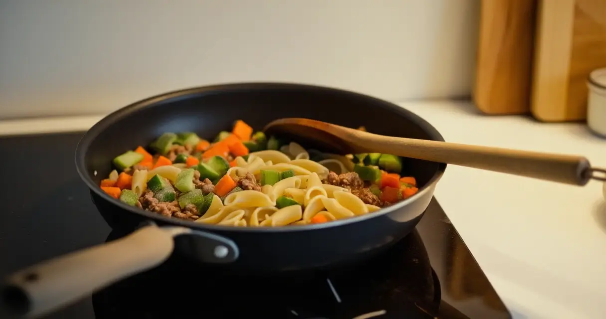 Helppo arkiruoka: yhden pannun pasta ja kasvikset kiehumassa kotikeitti&ouml;ss&auml;