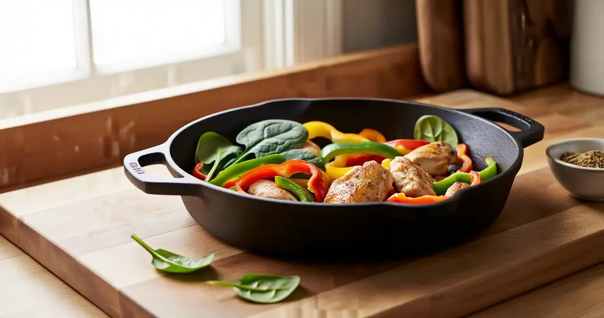 Yhden pannun arkiruoka pannulla &ndash; kana, paprika ja pinaatti