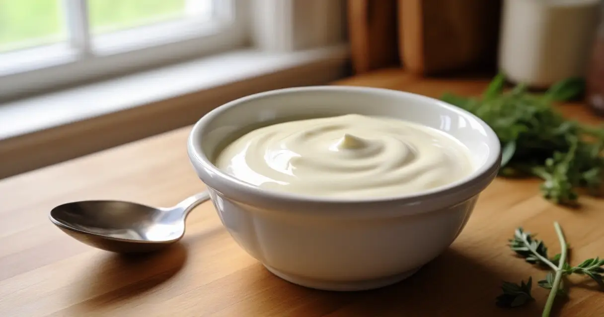 Kermainen tofu kastike valkoisessa kulhossa puup&ouml;yd&auml;ll&auml;, taustalla pehme&auml; luonnonvalo