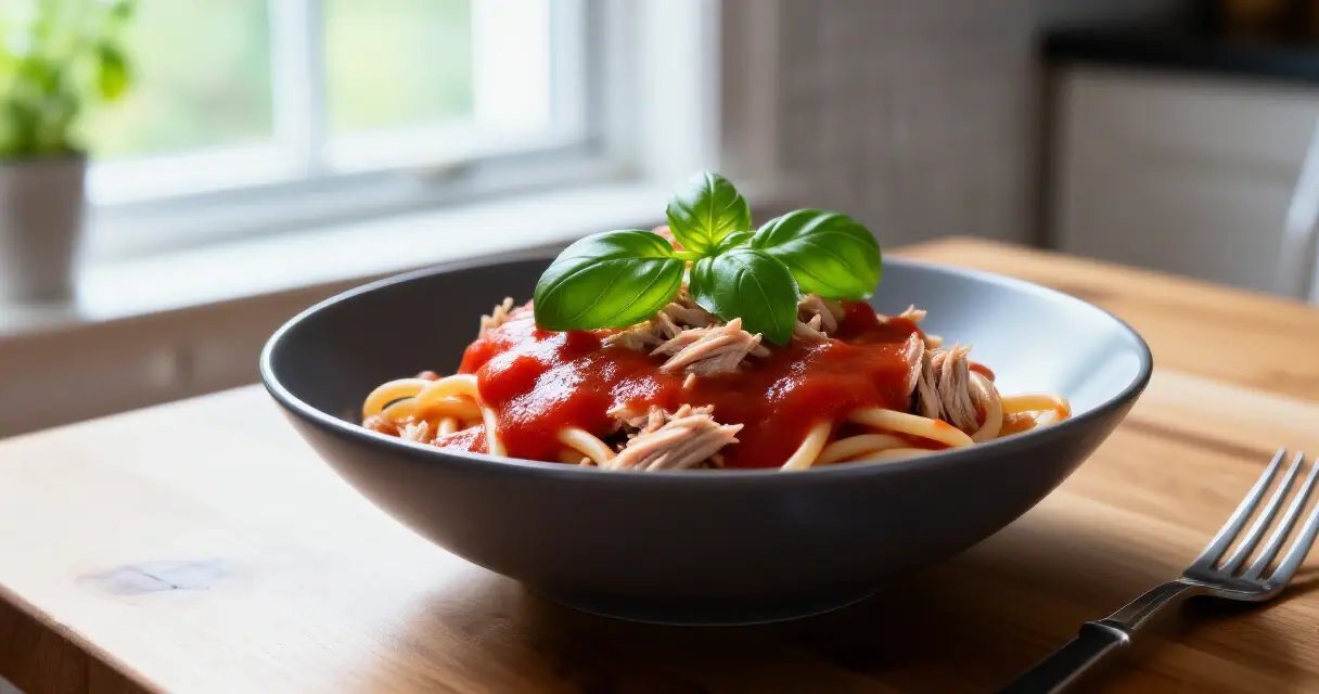 Edullinen tonnikalapasta tomaattikastikkeella lähikaupan aineksista koko perheelle