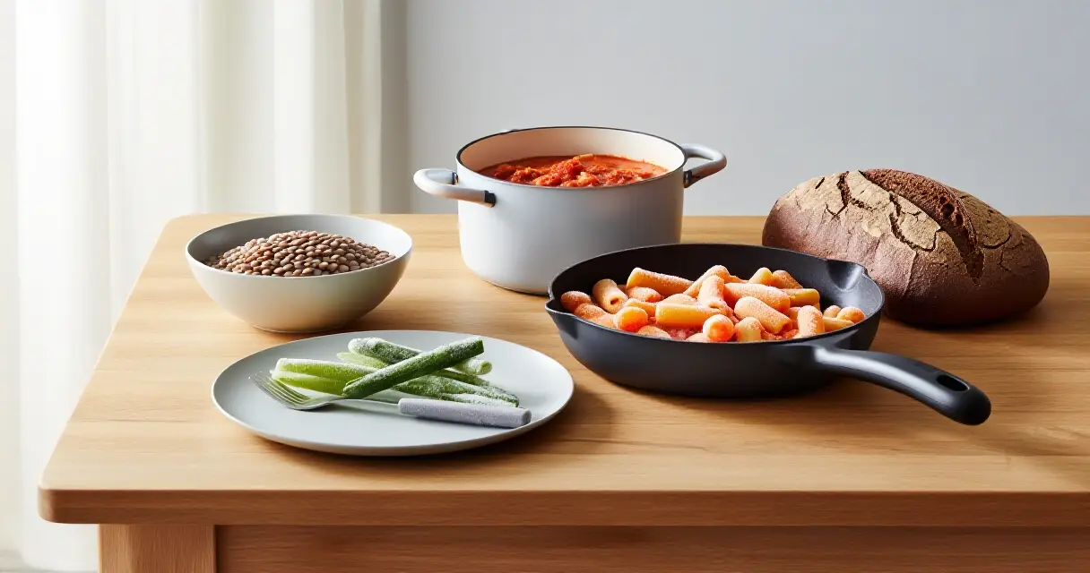 Edullinen arkiruoka lautasella: linssejä, pastaa ja pakastevihanneksia