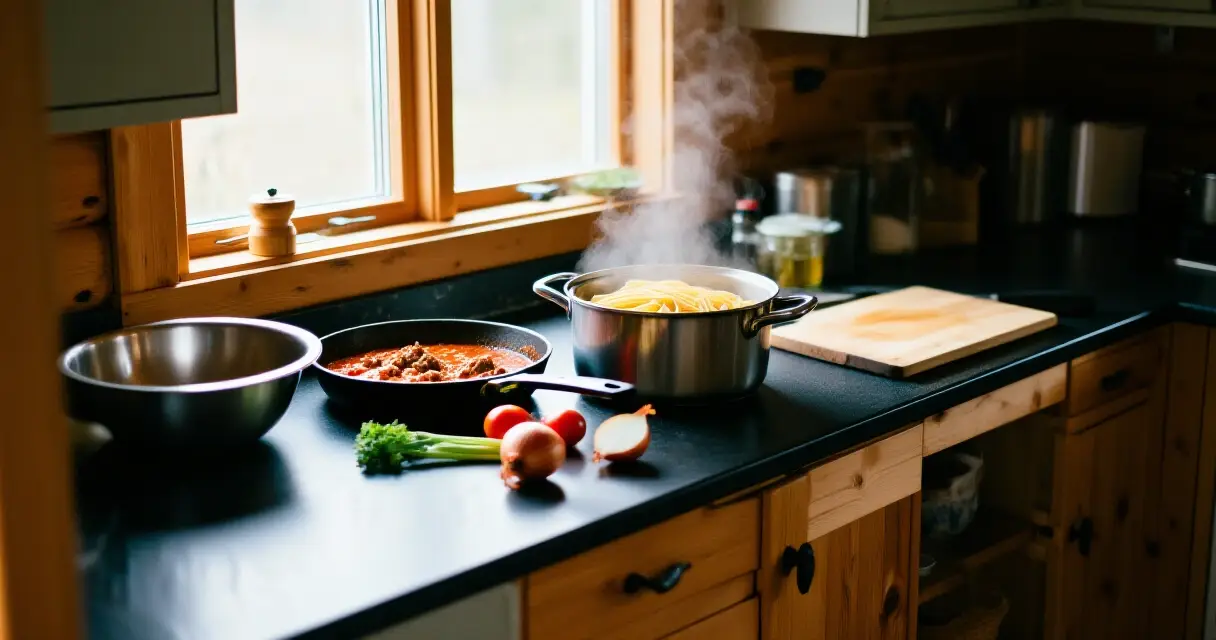 Makaroniastia ja jauhelihakastike kattilassa kotikeitti&ouml;n p&ouml;yd&auml;ll&auml;