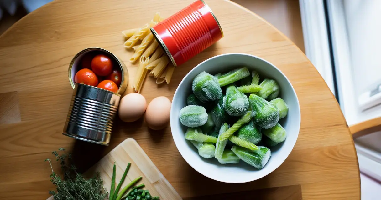 Helppojen arkiruokien raaka-aineet p&ouml;yd&auml;ll&auml;: pasta, tomaattis&auml;ilyke, pakastevihannekset ja munat