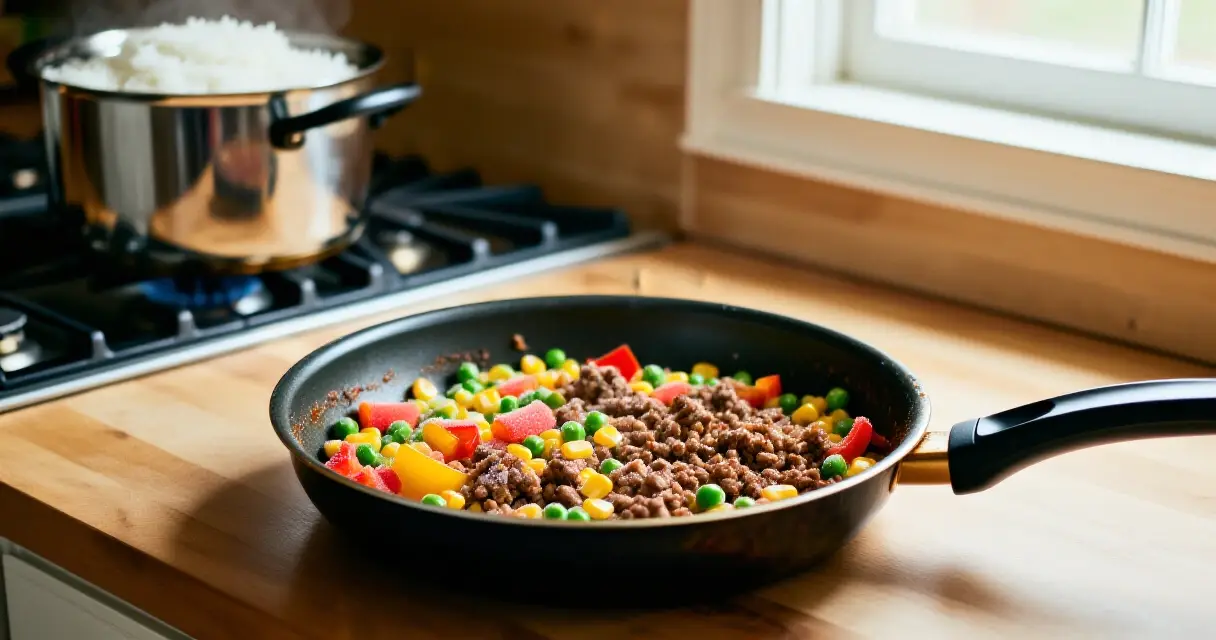 Kypsä jauheliha ja pakastevihannekset pannulla riisin vieressä kotikeittiössä