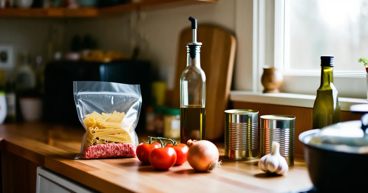 Helppojen arkiruokien ainekset l&auml;hikaupasta perheen keitti&ouml;ss&auml;