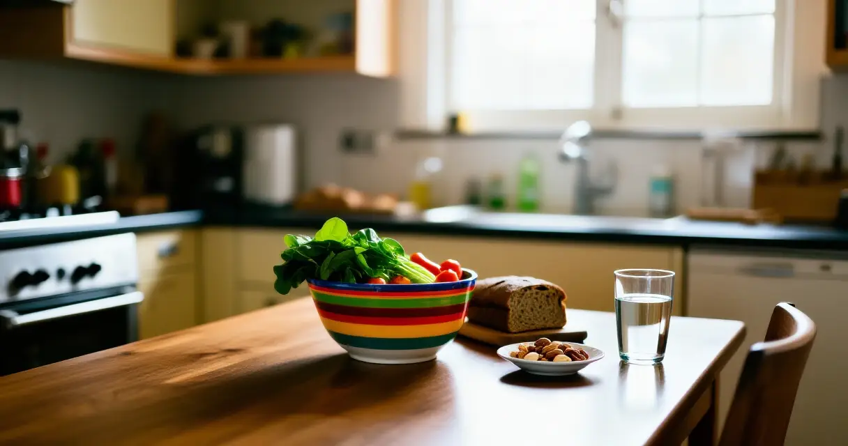 Lautasellinen kasviksia, t&auml;ysjyv&auml;leip&auml;&auml; ja p&auml;hkin&ouml;it&auml; kotikeitti&ouml;n p&ouml;yd&auml;ll&auml;