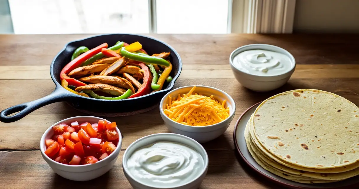 Tortilla-aterian ainekset ja täytteet pöydällä valmiina koottavaksi